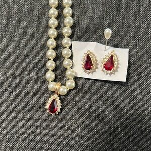 Elegant Pearl Necklace and Red Gem Earrings Set